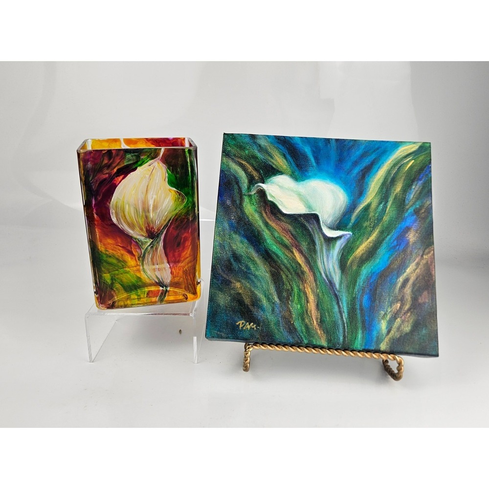 Original Painting and Hand Painted Glass Vase Set Calla Lily Signed‎ Art